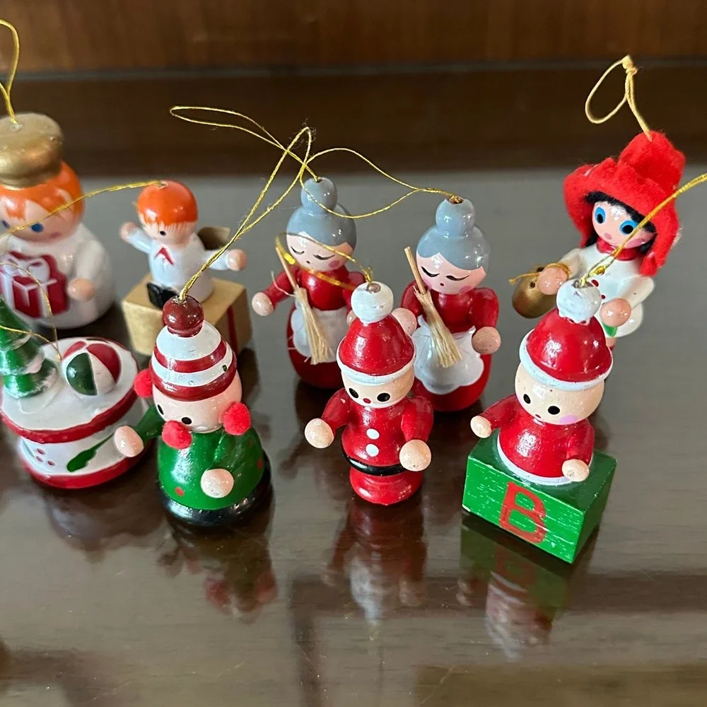 Vintage Lot of 21 Wooden Christmas Ornaments Hand Painted Folk Art Santa Snowman